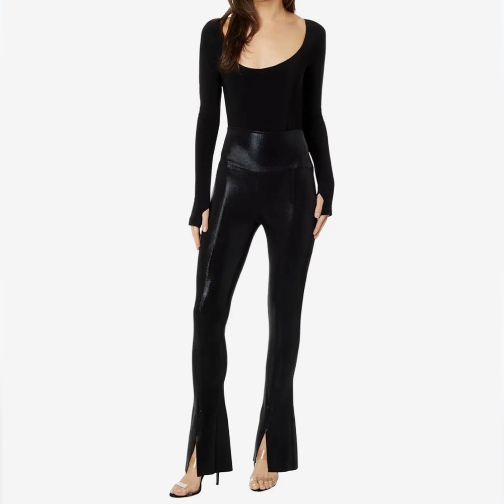 Norma Kamali Shiny Black Spat Stretch-jersey Flared Leggings w/ Split - EUC Sz M